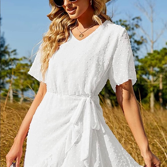 Women's Summer Jacquard Pom Crewneck RuffleMini Dress Elegant Tie Waist Short - Picture 2 of 6